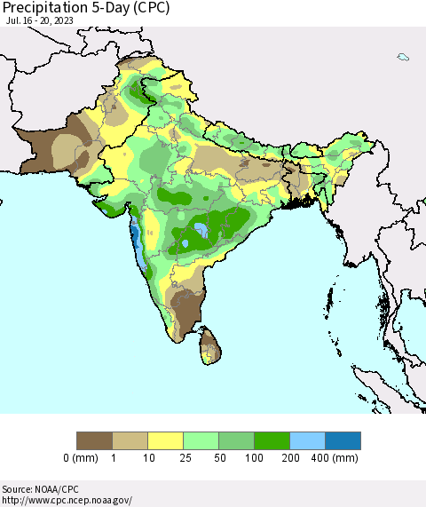 Southern Asia Precipitation 5-Day (CPC) Thematic Map For 7/16/2023 - 7/20/2023