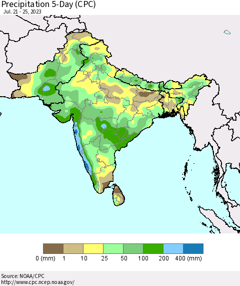 Southern Asia Precipitation 5-Day (CPC) Thematic Map For 7/21/2023 - 7/25/2023