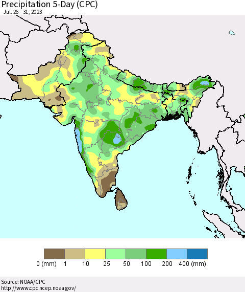 Southern Asia Precipitation 5-Day (CPC) Thematic Map For 7/26/2023 - 7/31/2023