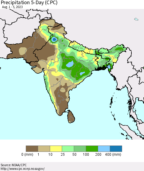 Southern Asia Precipitation 5-Day (CPC) Thematic Map For 8/1/2023 - 8/5/2023