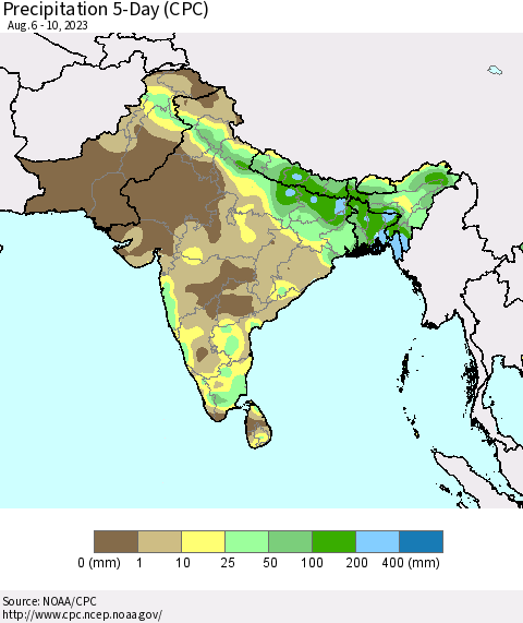 Southern Asia Precipitation 5-Day (CPC) Thematic Map For 8/6/2023 - 8/10/2023