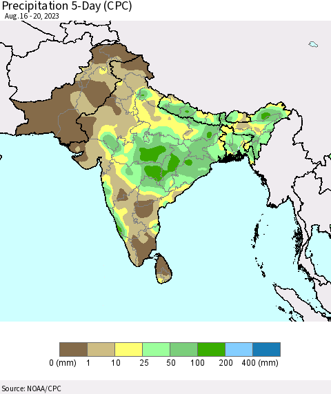 Southern Asia Precipitation 5-Day (CPC) Thematic Map For 8/16/2023 - 8/20/2023