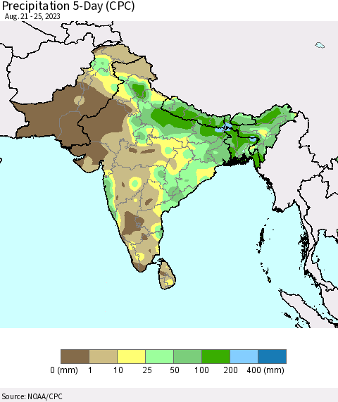 Southern Asia Precipitation 5-Day (CPC) Thematic Map For 8/21/2023 - 8/25/2023