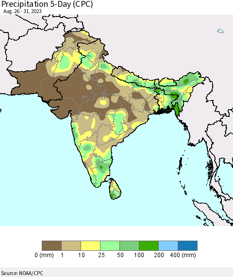 Southern Asia Precipitation 5-Day (CPC) Thematic Map For 8/26/2023 - 8/31/2023