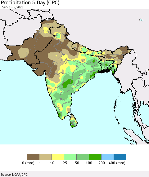 Southern Asia Precipitation 5-Day (CPC) Thematic Map For 9/1/2023 - 9/5/2023