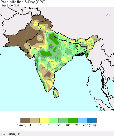 Southern Asia Precipitation 5-Day (CPC) Thematic Map For 9/6/2023 - 9/10/2023