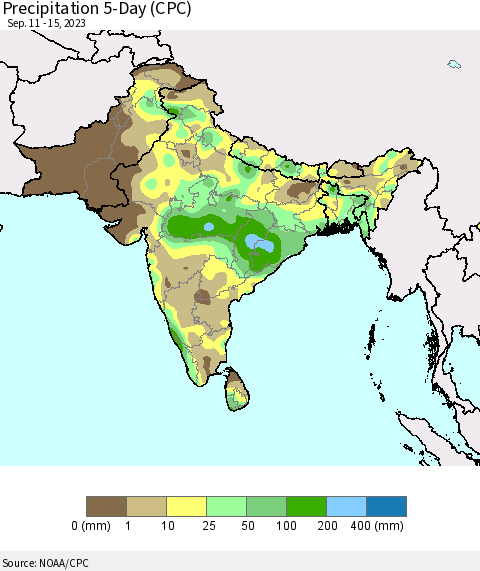 Southern Asia Precipitation 5-Day (CPC) Thematic Map For 9/11/2023 - 9/15/2023