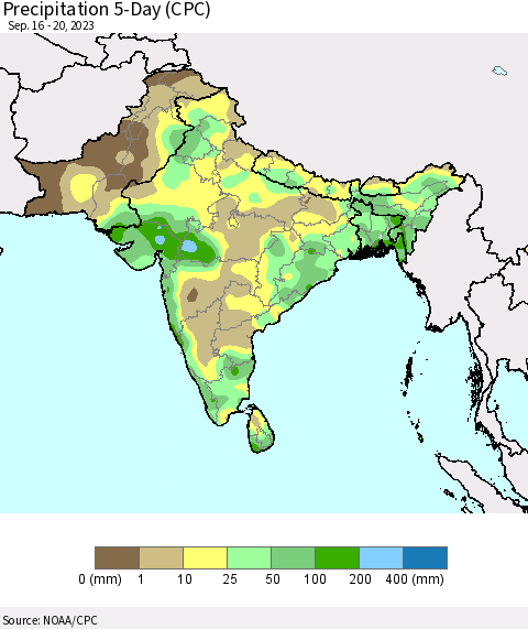 Southern Asia Precipitation 5-Day (CPC) Thematic Map For 9/16/2023 - 9/20/2023