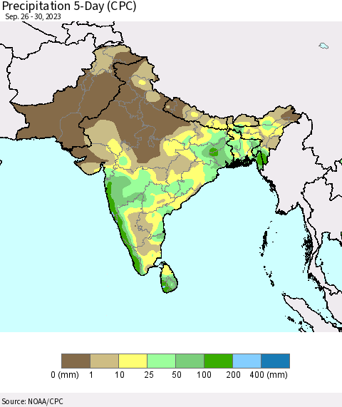 Southern Asia Precipitation 5-Day (CPC) Thematic Map For 9/26/2023 - 9/30/2023