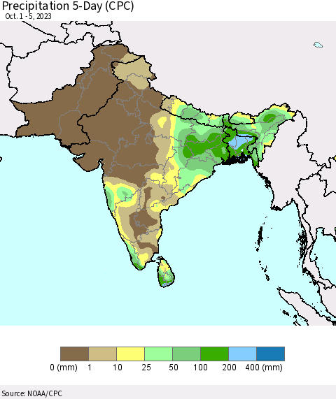 Southern Asia Precipitation 5-Day (CPC) Thematic Map For 10/1/2023 - 10/5/2023