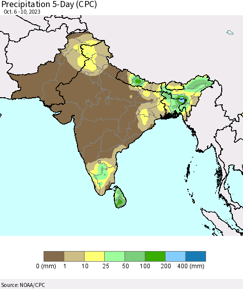 Southern Asia Precipitation 5-Day (CPC) Thematic Map For 10/6/2023 - 10/10/2023