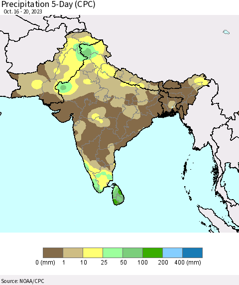 Southern Asia Precipitation 5-Day (CPC) Thematic Map For 10/16/2023 - 10/20/2023
