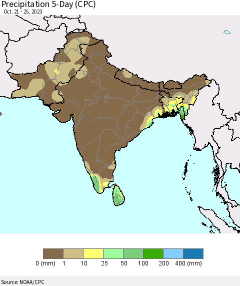 Southern Asia Precipitation 5-Day (CPC) Thematic Map For 10/21/2023 - 10/25/2023