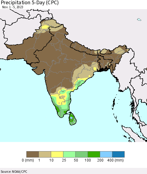 Southern Asia Precipitation 5-Day (CPC) Thematic Map For 11/1/2023 - 11/5/2023