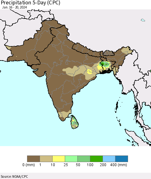 Southern Asia Precipitation 5-Day (CPC) Thematic Map For 1/16/2024 - 1/20/2024