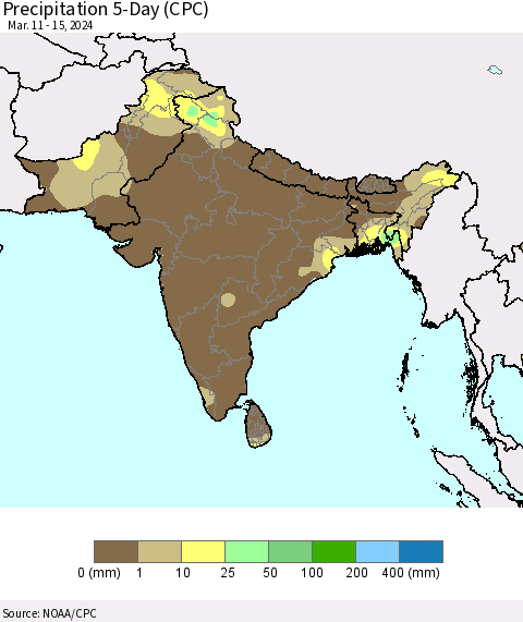 Southern Asia Precipitation 5-Day (CPC) Thematic Map For 3/11/2024 - 3/15/2024