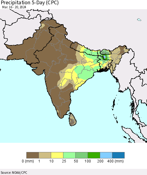 Southern Asia Precipitation 5-Day (CPC) Thematic Map For 3/16/2024 - 3/20/2024