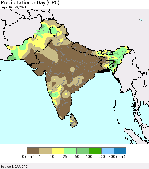 Southern Asia Precipitation 5-Day (CPC) Thematic Map For 4/16/2024 - 4/20/2024