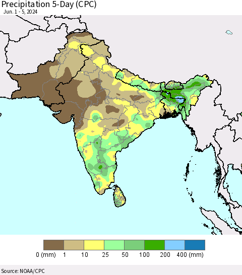 Southern Asia Precipitation 5-Day (CPC) Thematic Map For 6/1/2024 - 6/5/2024