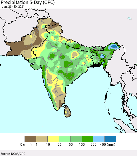 Southern Asia Precipitation 5-Day (CPC) Thematic Map For 6/26/2024 - 6/30/2024