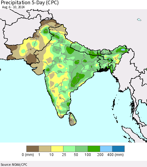 Southern Asia Precipitation 5-Day (CPC) Thematic Map For 8/6/2024 - 8/10/2024
