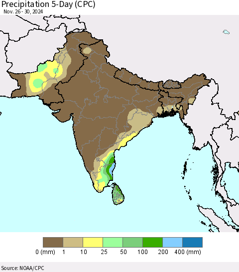 Southern Asia Precipitation 5-Day (CPC) Thematic Map For 11/26/2024 - 11/30/2024