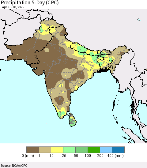 Southern Asia Precipitation 5-Day (CPC) Thematic Map For 4/6/2025 - 4/10/2025