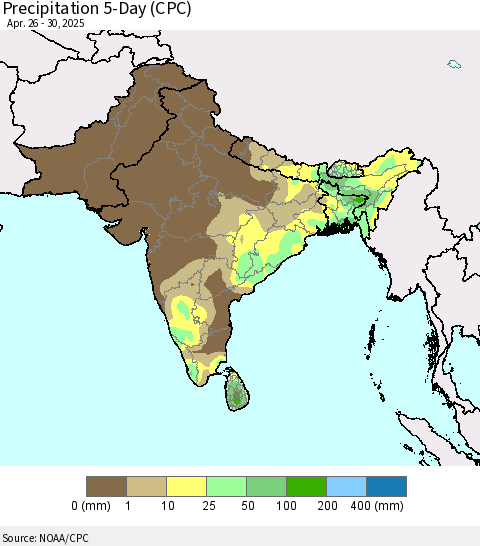 Southern Asia Precipitation 5-Day (CPC) Thematic Map For 4/26/2025 - 4/30/2025