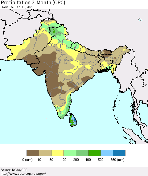 Southern Asia Precipitation 2-Month (CPC) Thematic Map For 11/16/2019 - 1/15/2020