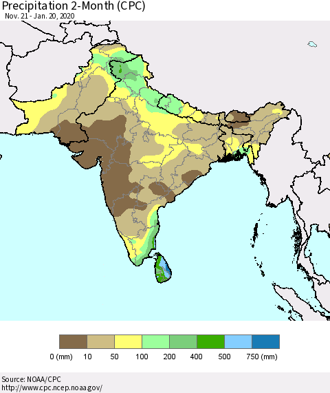 Southern Asia Precipitation 2-Month (CPC) Thematic Map For 11/21/2019 - 1/20/2020