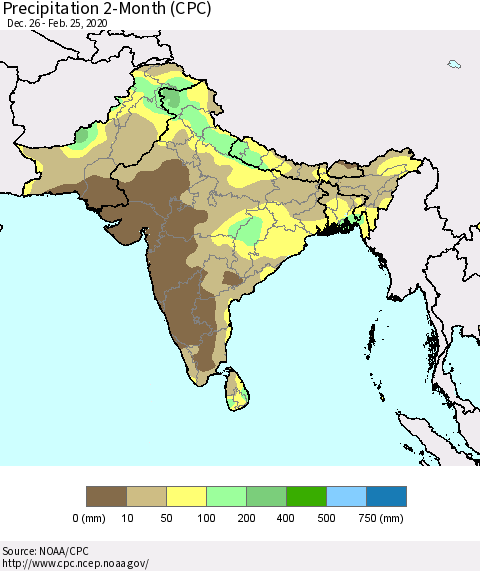 Southern Asia Precipitation 2-Month (CPC) Thematic Map For 12/26/2019 - 2/25/2020