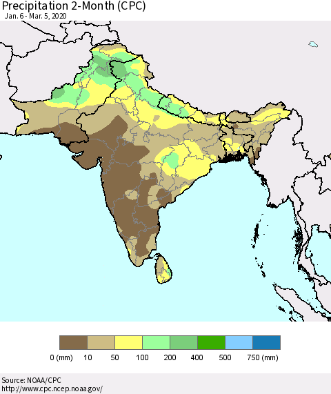 Southern Asia Precipitation 2-Month (CPC) Thematic Map For 1/6/2020 - 3/5/2020