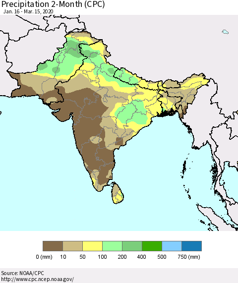 Southern Asia Precipitation 2-Month (CPC) Thematic Map For 1/16/2020 - 3/15/2020
