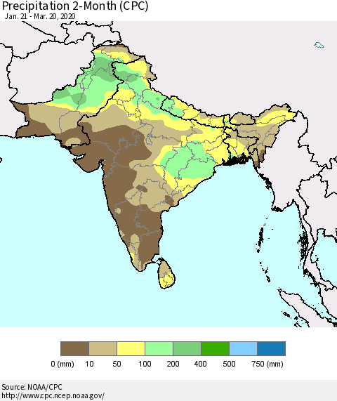 Southern Asia Precipitation 2-Month (CPC) Thematic Map For 1/21/2020 - 3/20/2020