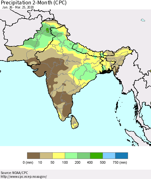 Southern Asia Precipitation 2-Month (CPC) Thematic Map For 1/26/2020 - 3/25/2020