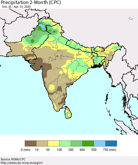 Southern Asia Precipitation 2-Month (CPC) Thematic Map For 2/16/2020 - 4/15/2020