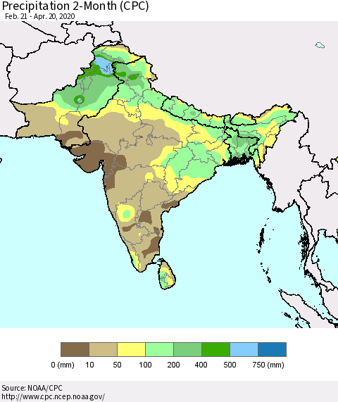 Southern Asia Precipitation 2-Month (CPC) Thematic Map For 2/21/2020 - 4/20/2020