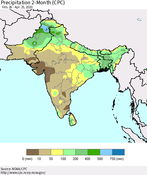 Southern Asia Precipitation 2-Month (CPC) Thematic Map For 2/26/2020 - 4/25/2020