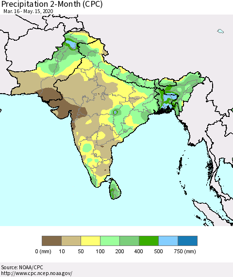 Southern Asia Precipitation 2-Month (CPC) Thematic Map For 3/16/2020 - 5/15/2020