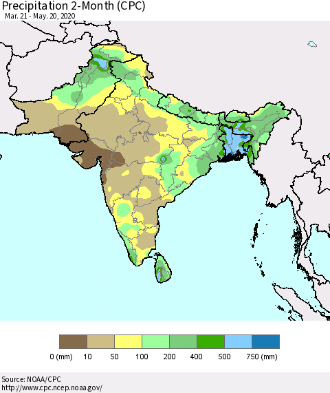 Southern Asia Precipitation 2-Month (CPC) Thematic Map For 3/21/2020 - 5/20/2020