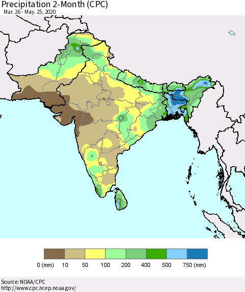 Southern Asia Precipitation 2-Month (CPC) Thematic Map For 3/26/2020 - 5/25/2020
