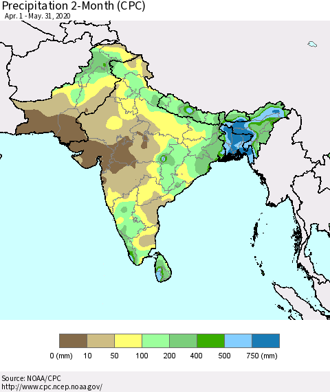 Southern Asia Precipitation 2-Month (CPC) Thematic Map For 4/1/2020 - 5/31/2020