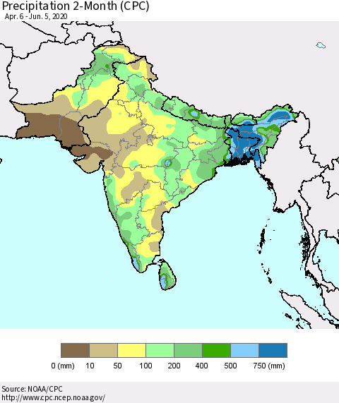 Southern Asia Precipitation 2-Month (CPC) Thematic Map For 4/6/2020 - 6/5/2020