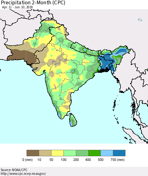 Southern Asia Precipitation 2-Month (CPC) Thematic Map For 4/11/2020 - 6/10/2020
