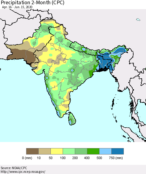 Southern Asia Precipitation 2-Month (CPC) Thematic Map For 4/16/2020 - 6/15/2020