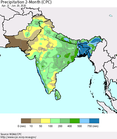 Southern Asia Precipitation 2-Month (CPC) Thematic Map For 4/21/2020 - 6/20/2020
