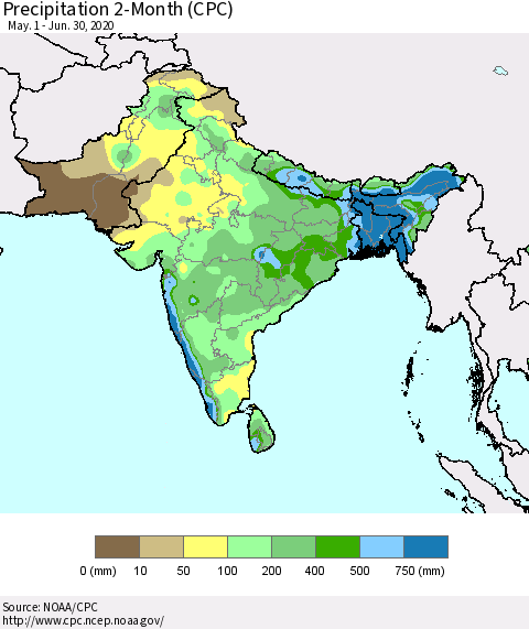 Southern Asia Precipitation 2-Month (CPC) Thematic Map For 5/1/2020 - 6/30/2020