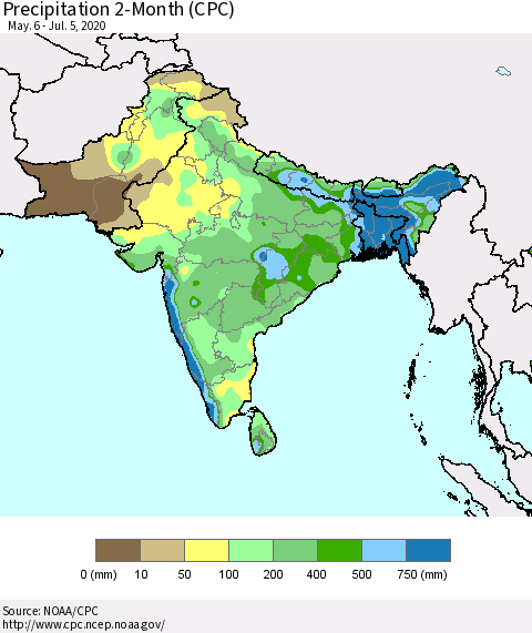 Southern Asia Precipitation 2-Month (CPC) Thematic Map For 5/6/2020 - 7/5/2020