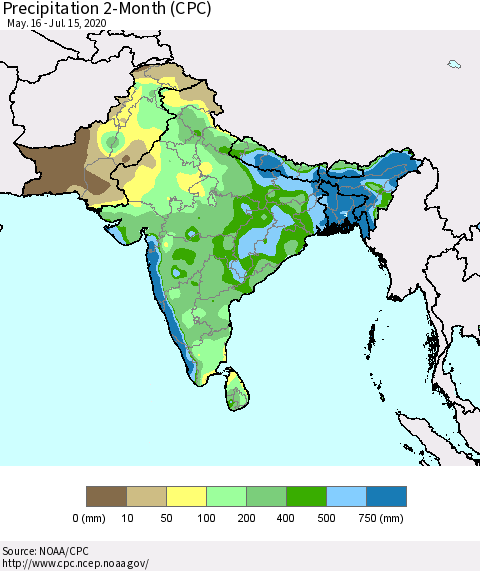 Southern Asia Precipitation 2-Month (CPC) Thematic Map For 5/16/2020 - 7/15/2020