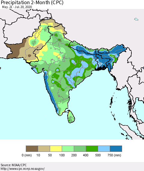 Southern Asia Precipitation 2-Month (CPC) Thematic Map For 5/21/2020 - 7/20/2020